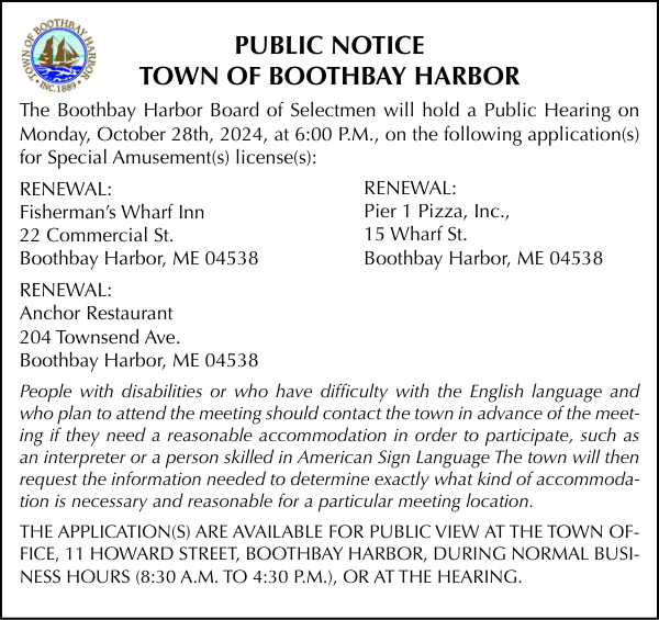 Town of Boothbay Harbor Public Hearing Special Amusement 10-28-24