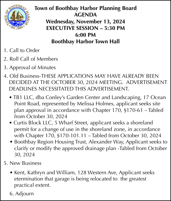 Town of Boothbay Harbor Planning Board Agenda 11-13-24