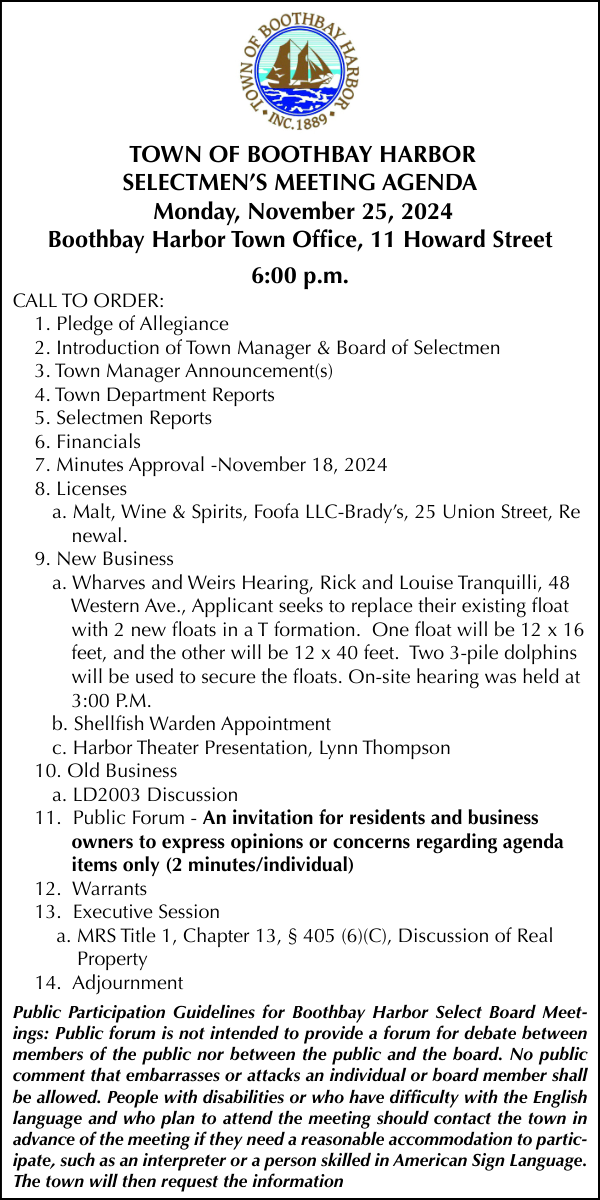 Town of Boothbay Harbor Selectmen Meeting Agenda 11-25-24