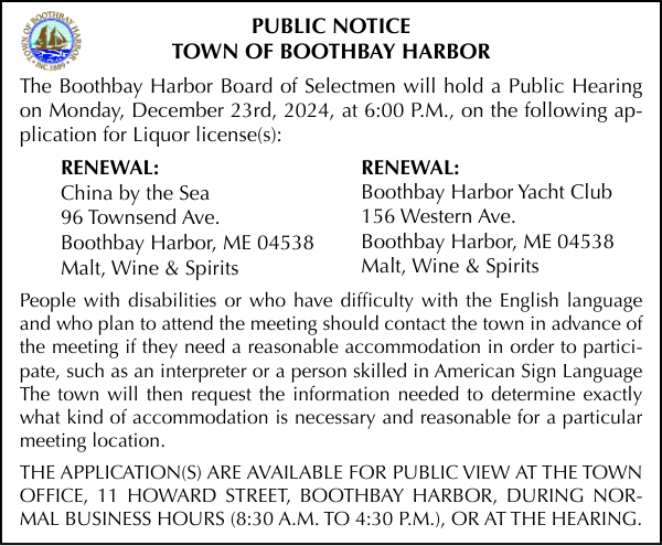 Town of Boothbay Harbor Public Hearing Liquor License 12-23-24