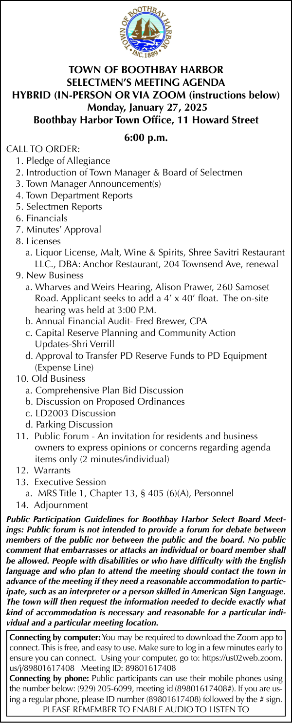 Town of Boothbay Harbor Selectmen's Meeting Agenda  1-27-25