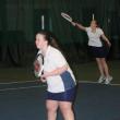 Angela Machon serves as doubles partner Dana Greenleaf watches their Wiscasset opponents. Boothbay won the match in a tiebreaker, 11-10. KEVIN BURNHAM/Boothbay Register