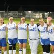 A happy ending for the Lady Seahawks, who celebrated their final game of the season with a win over Winthrop on October 21. From left are seniors Dana Greenleaf, Ashley Poland, Hannah Winslow, Evie Greenleaf, and underclassmen Brenna Alley and Sinead Miller. RYAN LEIGHTON/Boothbay Register