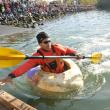 Tim Smith reaches out to grab the dock and win his heat during Monday’s pumpkin regatta in Damariscotta. Smith, from Boston, won his fifth title. BEN BULKELEY/Boothbay Register