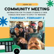 Poster of Community Meeting and photo of students and bus