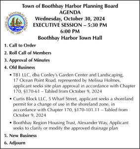 Town of Boothbay Harbor Planning Board Agenda 10-30-24