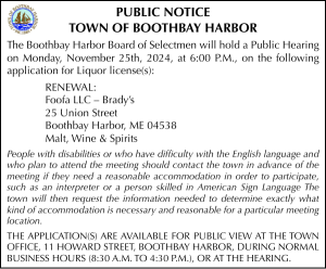 Town of Boothbay Harbor Public Hearing Liquor License 11-25-24