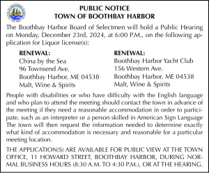 Town of Boothbay Harbor Public Hearing Liquor License 12-23-24