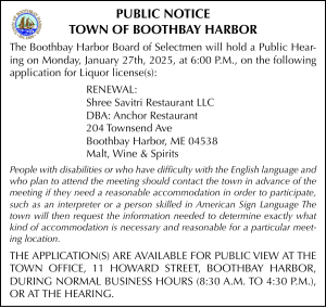 Town of Boothbay Harbor Public Hearing Liquor License 1-27-25