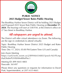 Boothbay Harbor Sewer District - 2025 Budget/Sewer Rates Public Hearing