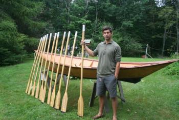 On oars he carved, Karl Berger tracked the time, date, coordinates and his thoughts and impressions of his 100-mile journey down the Columbia River in a boat he built. JOHN MAGUIRE/Boothbay Register