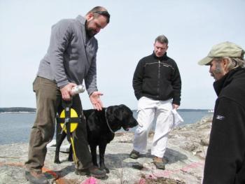 Landscape architect Arek Gale laying out the precise drilling line of a ledge., Cuckolds Island, Cuckolds Lighthouse, Boothbay, Boothbay Harbor