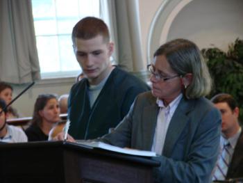 Kelby Hampson, left, appears in a Wiscasset courtroom September 27 with defense lawyer Lisa Whittier. SUSAN JOHNS/Wiscasset Newspaper