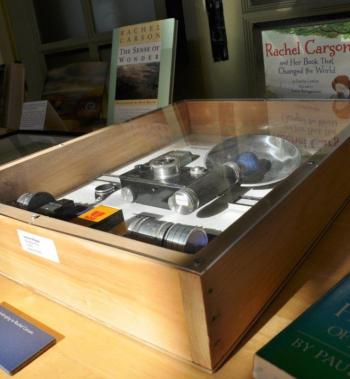 Rachel Carson's camera and photography equipment, loaned from the Hendrick’s Hill Museum, are on display at the Coastal Maine Botanical Garden’s Rachel Carson exhibit. Several artifacts from Carson’s life and work are on display until October 23 at the gardens. BEN BULKELEY/Boothbay Register