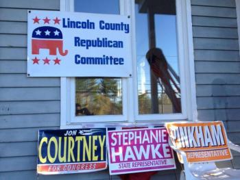 Political signs for local candidates are displayed outside the Republican headquarters in Damariscotta. A shortage of Romney signs has angered some citizens in Lincoln County. RYAN LEIGHTON/Boothbay Register