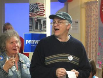 Mick Devin announces the first round of results at Lincoln Country Democrat headquarters in Damariscotta November 6.