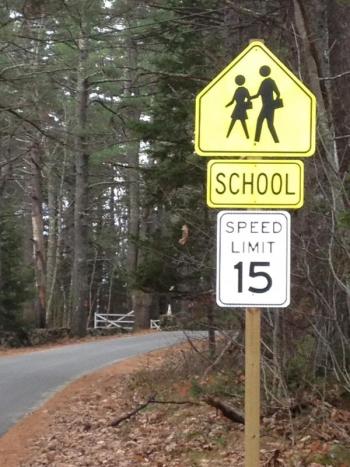 This sign and an identical one on Golden Ridge Road in Alna had town officials wondering how they got posted near Juniper Hill School. SUSAN JOHNS/Wiscasset Newspaper