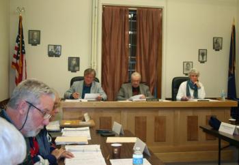 Lincoln County Budget Commissioners answer questions from budget committee members at a meeting November 8 discussing budget items. Left to right, commissioners Sheridan Bond, William Blodgett and Lynn Gilley Martin. CHARLOTTE BOYNTON/Wiscasset Newspaper 