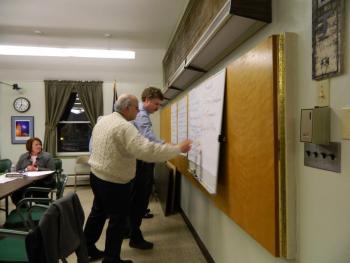 Wiscasset Selectmen held their first “goal workshop” Tuesday evening, Jan. 7. After a brain-storming session, the selectmen voted on the goals they thought should take priority. Selectman Ed Polewarczyk and Jefferson Slack place their votes on the board.