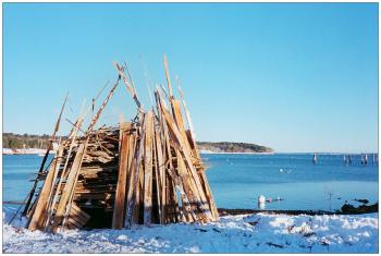 BELFAST - A bundle of potential energy erected at the public landing Dec. 31 in preparation for the 2012-13 New Year's Eve bonfire. (Photo by Ethan Andrews)