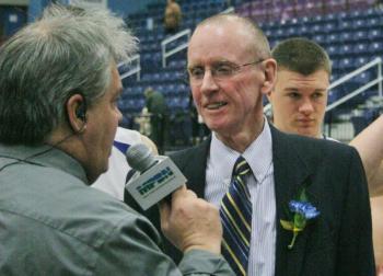 I.J. Pinkham, seen here being interviewed by Bim Gibson, will take his fifth team to the state championship game. KEVIN BURNHAM/Boothbay Register