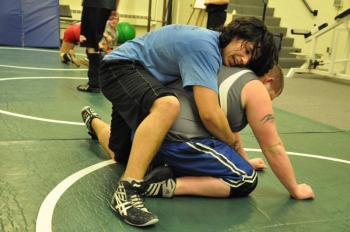 Antonio Maulolo wrestles during a February practice at Lincoln Acaemy. Maulolo, a Boothbay Region High School sophomore, was the top wrestler in the Class C state wrestling tournament's 220-pound class. BEN BULKELEY/Boothbay Register