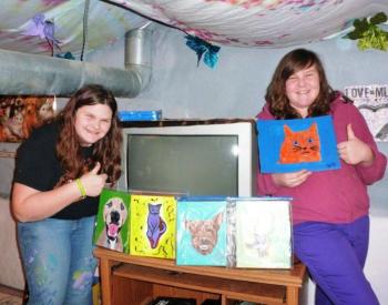 Tabetha Harrington, left, and Chelsie Graves in “Tab’s Cool Cave” basement studio. KATRINA CLARK/Boothbay Register