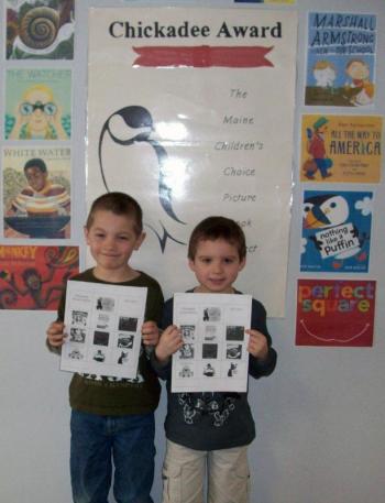 First graders Austin and Forrest hold their Chickadee Award ballots. Courtesy of Wiscasset Primary School