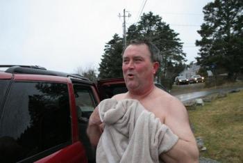 Hugh Thompson catches his breath after participating in the 2012 Leprechaun Leap. SUE MELLO/Boothbay Register