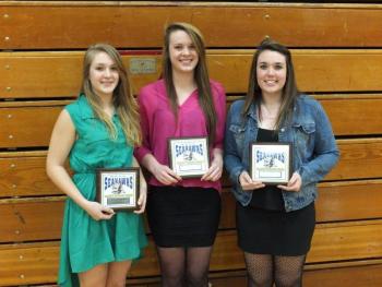 Lady Seahawks senior captains Sarah Caron, Alex Clarke and Allison Crocker all received the most valuable player award from coach Tanner Grover. RYAN LEIGHTON/Boothbay Register