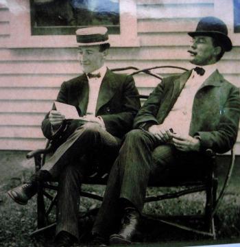 First Association president Dr. Edward A. Sprague (in straw hat), seated with long-time friend Dr. George Gregory. Sprague was a dentist whose office was across from the post office in Boothbay Harbor. Courtesy of the family of Dr. Sprague and Boothbay Region Historical Society