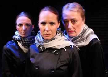 Three weird sisters in Heartwood’s contemporary “Macbeth.” From left are Mary Boothby, Dana Wieluns and Margo O’Leary. Remaining shows run May 3-11. Courtesy of Heartwood Theater