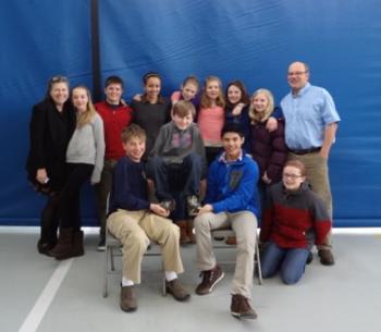 The team includes, front row, left to right, Nicholas Miaoulis, Tristam Sanborn, Xander Bartone, and Charlotte Collins; back row, left to right:  Math teacher Katie Rittershaus, Claire Dauge-Roth, Wallace Jackson, Amelia Genus, Payton Sullivan, Teagan Guenther, Sophia Stafford, Emily Sanborn and coach Alex Dauge-Roth. Courtesy of Center for Teaching and Learning