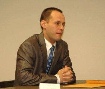 Jason Savage, executive director of the Maine GOP, speaks at the LCRC meeting in April. Courtesy of Earl Inman