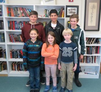 River of Words Poetry Contest finalists include from left, front row: MacAllister Moss, Grace Dempsey-Blair and Ian VonFrank; back row, left to right:  Wallace Jackson, Xander Bartone and Noah Jordan. Courtesy of Center for Teaching and Learning