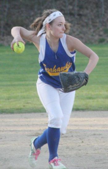 Lady Seahawk shortstop Tori Schmid gets ready to throw a runner out during the April 30 home game. KEVIN BURNHAM/Boothbay Register