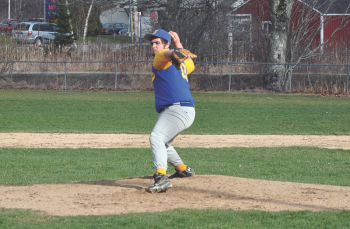 Linc Simmons fires a pitch during the second inning of action of the Boothbay Region High School boys varsity baseball game Monday, April 22. The Seahawks would fall to Carrabec, 14-1. BEN BULKELEY/Boothbay Register