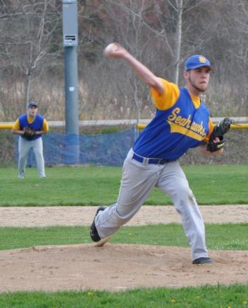 Nate Colcord fires a pitch in the first inning. BEN BULKELEY/Boothbay Register