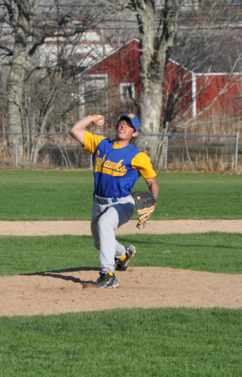 Julian Aponte pitches May 1. Aponte fanned one and allowed no runs in one inning of work against the Ramblers. BEN BULKELEY/Boothbay Register