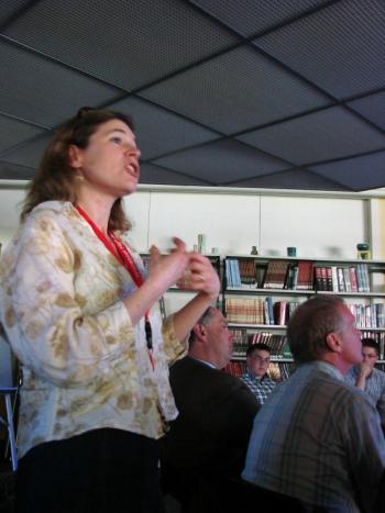 Wiscasset High School social studies teacher Kelley Duffy speaks from the audience May 5 at a presentation the school made to a visiting panel of educators. SUSAN JOHNS/Wiscasset Newspaper