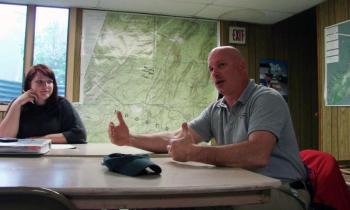 Edgecomb Selectman Jessica Chubbuck, left, listens to Selectman Stuart Smith at the board's May 29 meeting. SUSAN JOHNS/Wiscasset Newspaper