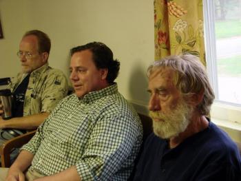 Former Alna Selectman Chris Cooper, left, departing school board representative William Stafford and incoming representative Ralph Hilton attend the May 16 Alna selectmen's meeting. SUSAN JOHNS/Wiscasset Newspaper