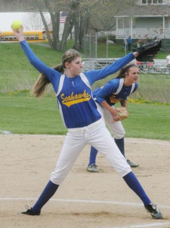 Nicole LaBrecque, a sophomore, pitches during the May 15 game at home against Wiscasset. KEVIN BURNHAM/Boothbay Register