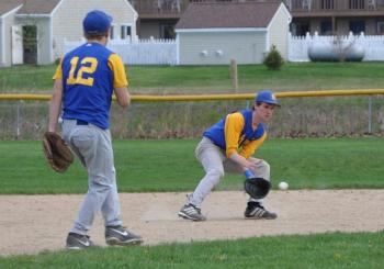 Stephen Barter makes the play on a grounder May 8 against Lisbon. BEN BULKELEY/Boothbay Register