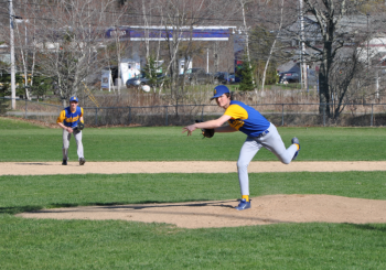 Brad Drummond fires a first-inning pitch May 1 against the Winthrop Ramblers. BEN BULKELEY/Boothbay Register