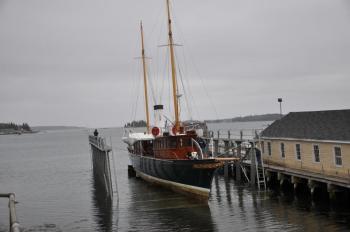 Work was underway April 23 to power-wash "Cangarda" ahead of its scheduled repainting at Boothbay Harbor Shipyard. The boat currently calls Islesboro home. BEN BULKELEY/Boothbay Register