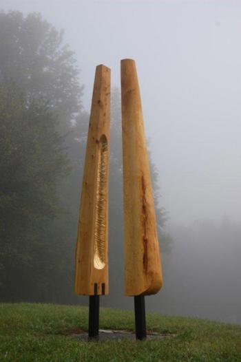 Herb Ferris’ “Not One, Not Two,” an imposing piece of sculpture sited along the entry drive at Coastal Maine Botanical Gardens, is part of the new “Living Wood” exhibit. The public is invited to a free reception on Thursday, June 27, from 5 to 7 p.m. Courtesy of Herb Ferris