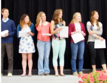 Sophomore student council members are thanked for service for the 2012-13 school year. Pictured from left are Mason Whitaker, Tylan Onorato, Hanna Foye, Kayla Gordon, Maeve Carlson and Miranda McIntire. KATHY ONORATO/Wiscasset Newspaper