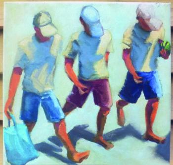 "Three Beach Boppers," a 12-inch x 12-inch oil on canvas by Don Josephson now at Studio 53 in Boothbay Harbor.