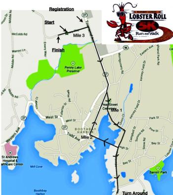 This map shows the route of the 5k, beginning at Emery Lane near Boothbay Region High School on Townsend Avenue. Courtesy of Mame Anthony